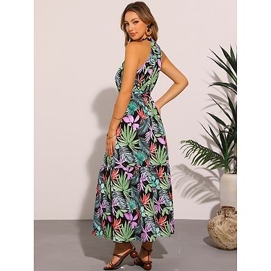 Floral Boho Dress for Women's Halter Neck Sleeveless Beach Maxi Tropical Dresses