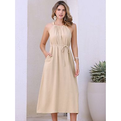 Halter Neck Dresses for Women's Belted Casual Summer Midi Dresses