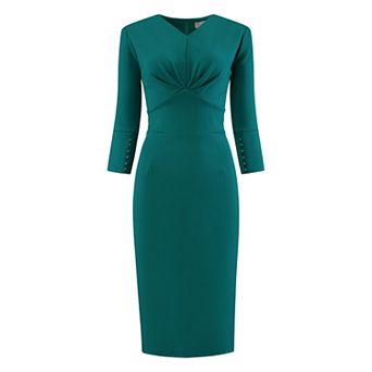 Women's 3/4 Sleeve Pencil Dress V Neck Pleated Front Vintage Wear to Work Sheath Dresses
