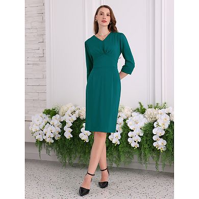 Women's 3/4 Sleeve Pencil Dress V Neck Pleated Front Vintage Wear to Work Sheath Dresses