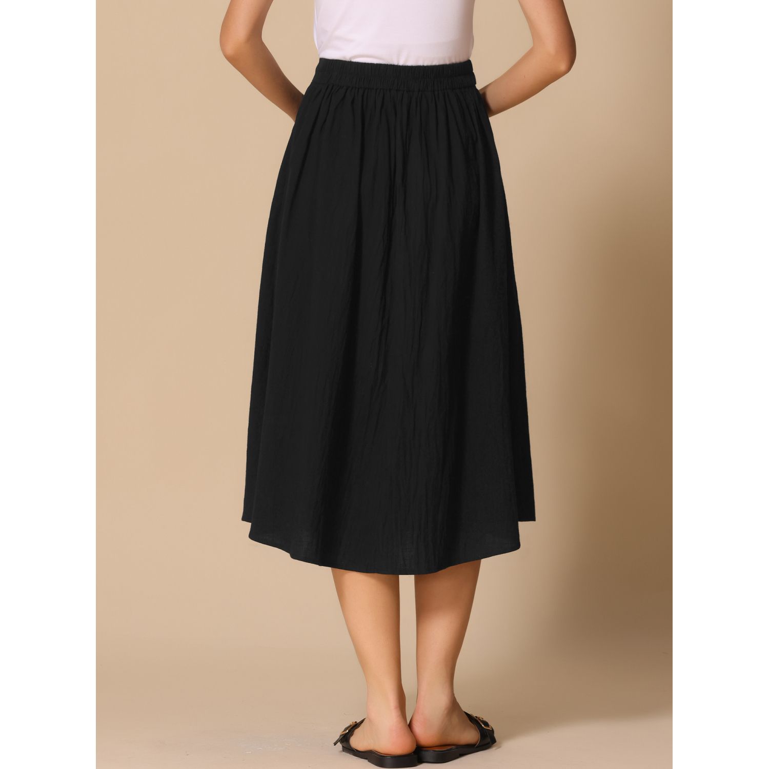 White Dress HERBATOMIA Pleated A-line Midi Skirt Elastic Waist