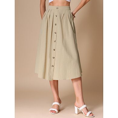 A-Line Casual Midi Skirt for Women's Pleated Elastic Waist Button Front with Pocket