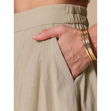 A-Line Casual Midi Skirt for Women's Pleated Elastic Waist Button Front with Pocket
