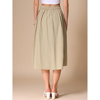 A-Line Casual Midi Skirt for Women's Pleated Elastic Waist Button Front with Pocket