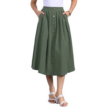 A-Line Casual Midi Skirt for Women's Pleated Elastic Waist Button Front with Pocket