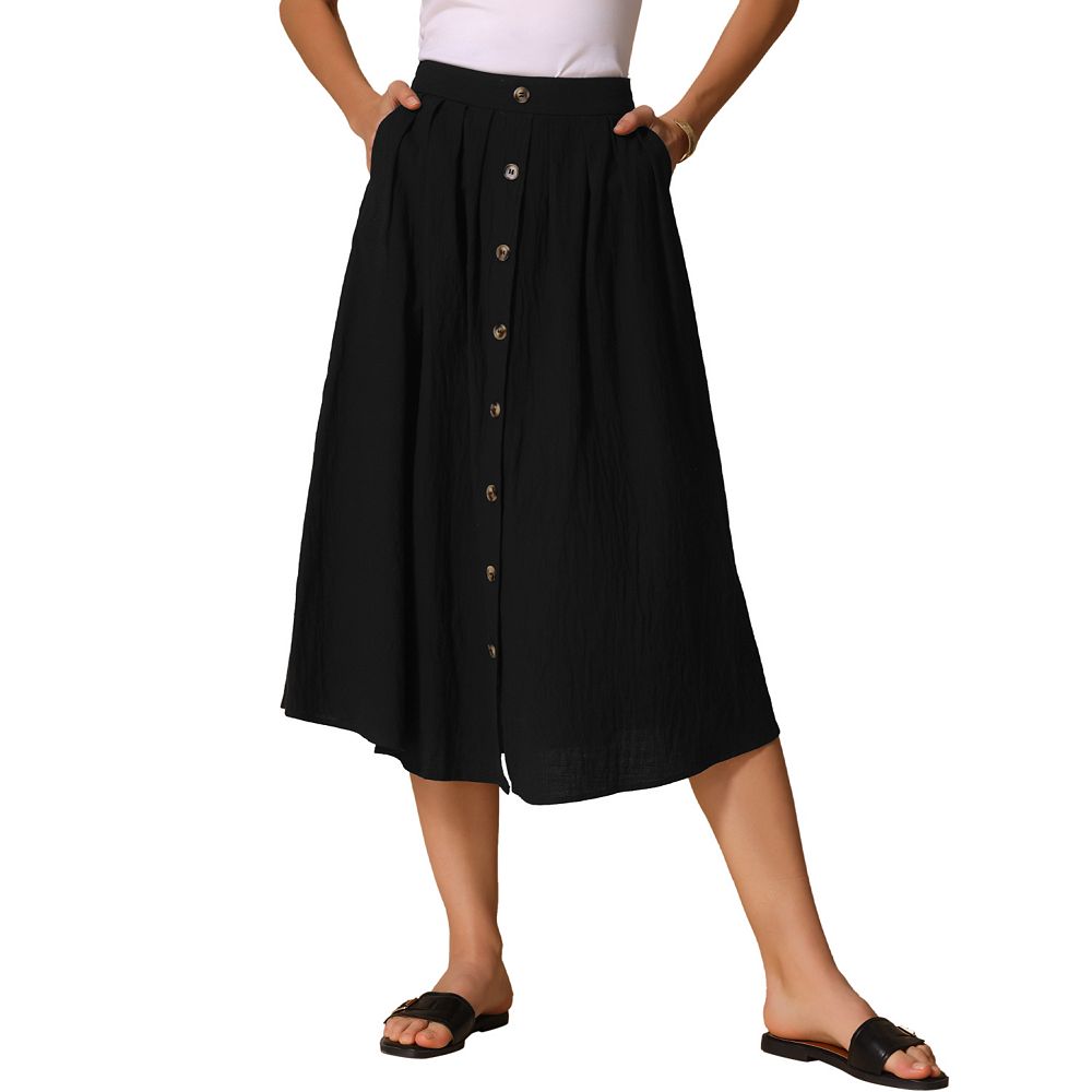 A-Line Casual Midi Skirt for Women's Pleated Elastic Waist Button