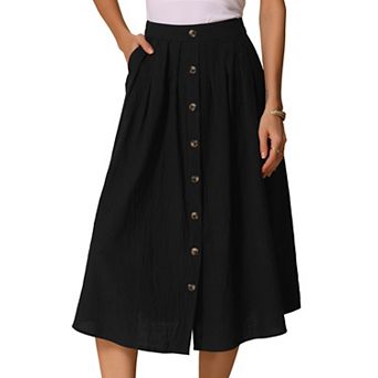 A-Line Casual Midi Skirt for Women's Pleated Elastic Waist Button Front with Pocket