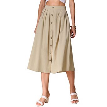 A-Line Casual Midi Skirt for Women's Pleated Elastic Waist Button Front with Pocket