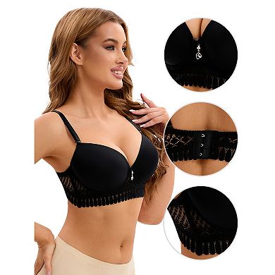 Women's Lace Trim Push Up Underwire Bras Adjustable Straps Plus Cup Size Underwear