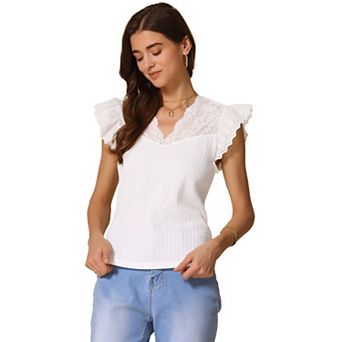Lace Top for Women's Cap Short Sleeve Basic Casual V Neck Tops