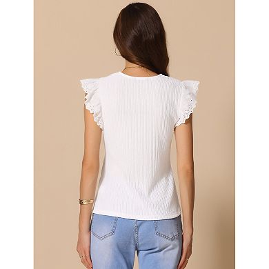 Lace Top for Women's Cap Short Sleeve Basic Casual V Neck Tops