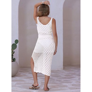 Women's 2 Piece Hollow Out Cover Up Set V Neck Crop Tank Top Slit Skirt Outfit