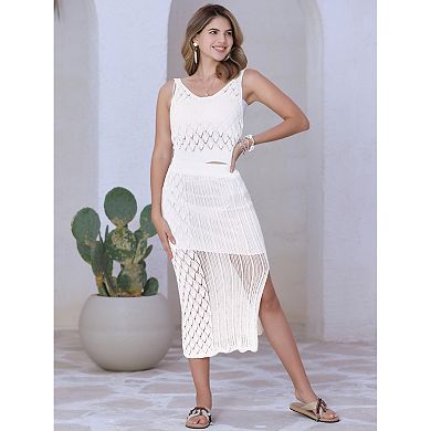 Women's 2 Piece Hollow Out Cover Up Set V Neck Crop Tank Top Slit Skirt Outfit
