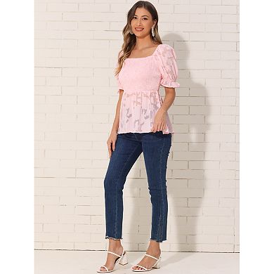 Smocked Top for Women's Square Neck Ruffle Peplum Blouse