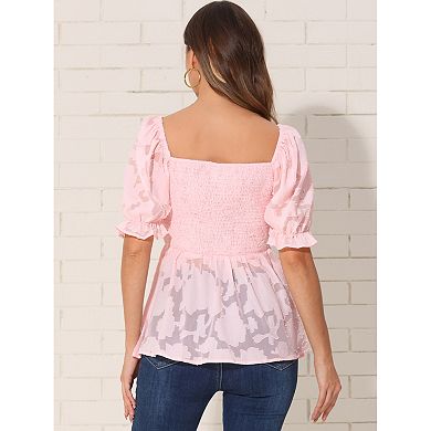 Smocked Top for Women's Square Neck Ruffle Peplum Blouse