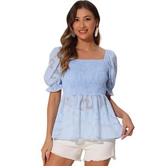 Smocked Top for Women's Square Neck Ruffle Peplum Blouse
