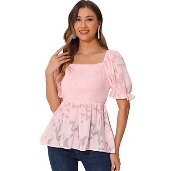 Smocked Top for Women's Square Neck Ruffle Peplum Blouse