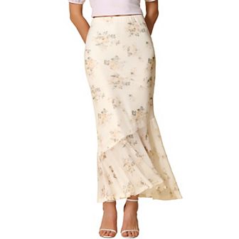 Floral Skirts for Women's Mesh Long Skirts High Waist Summer Bodycon Ruffle Mermaid Midi Skirt