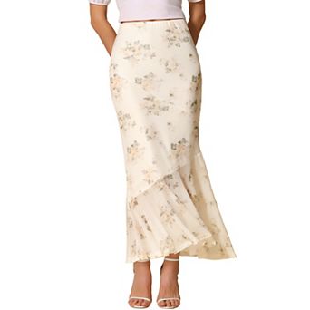 Floral Skirts for Women's Mesh Long Skirts High Waist Summer Bodycon Ruffle Mermaid Midi Skirt