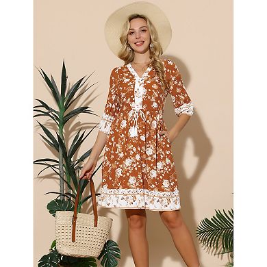 Women's Summer Floral Dress V Neck Half Sleeve Drawstring Waist Knee Length Flowy Dress with Pockets