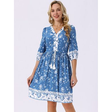 Women's Summer Floral Dress V Neck Half Sleeve Drawstring Waist Knee Length Flowy Dress with Pockets