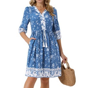 Women's Summer Floral Dress V Neck Half Sleeve Drawstring Waist Knee Length Flowy Dress with Pockets