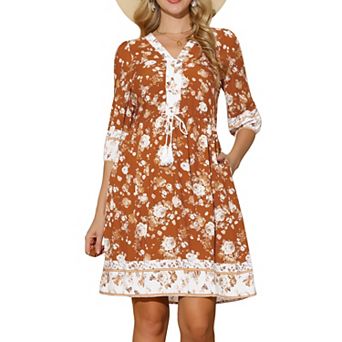 Women's Summer Floral Dress V Neck Half Sleeve Drawstring Waist Knee Length Flowy Dress with Pockets