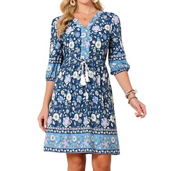 Women's Summer Floral Dress V Neck Half Sleeve Drawstring Waist Knee Length Flowy Dress with Pockets