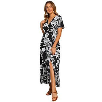 Midi Floral Dress for Women's Short Sleeve Slit Wrap V Neck Dresses