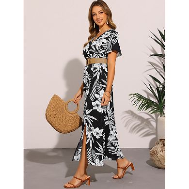 Midi Floral Dress for Women's Short Sleeve Slit Wrap V Neck Dresses