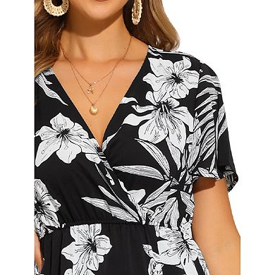 Midi Floral Dress for Women's Short Sleeve Slit Wrap V Neck Dresses