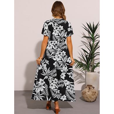 Midi Floral Dress for Women's Short Sleeve Slit Wrap V Neck Dresses
