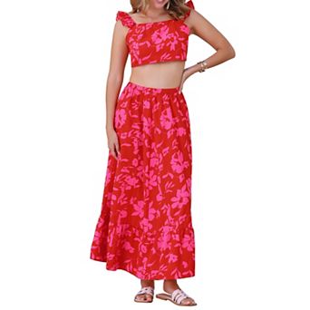 Summer 2 pc Outfits for Women's Floral Tank Top and Maxi Skirt Set