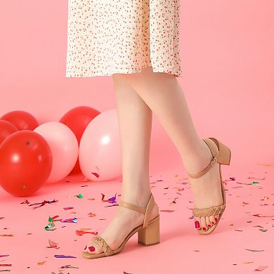Square Toe Heels Woven Braided Chunky Heel Sandals for Women