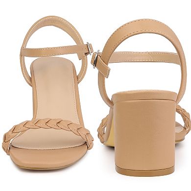 Square Toe Heels Woven Braided Chunky Heel Sandals for Women