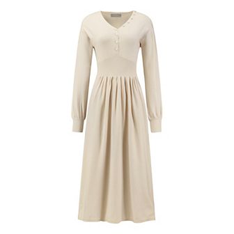 Women's A-Line Sweater Dress V Neck Long Sleeve Ribbed Knit Dresses