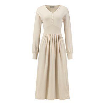 Women's A-Line Sweater Dress V Neck Long Sleeve Ribbed Knit Dresses