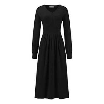 Women's A-Line Sweater Dress V Neck Long Sleeve Ribbed Knit Dresses
