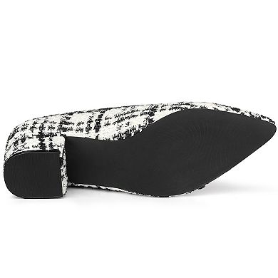 Women's Pointy Toe Tweed Plaid Knitted Printed Chunky Heels Pumps