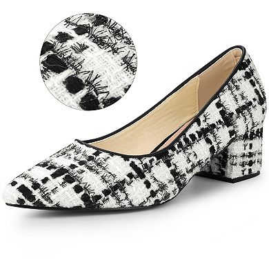 Women's Pointy Toe Tweed Plaid Knitted Printed Chunky Heels Pumps