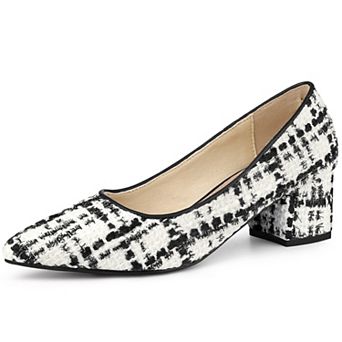 Women's Pointy Toe Tweed Plaid Knitted Printed Chunky Heels Pumps