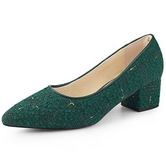 Women's Pointy Toe Tweed Plaid Knitted Printed Chunky Heels Pumps