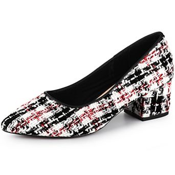 Women's Pointy Toe Tweed Plaid Knitted Printed Chunky Heels Pumps