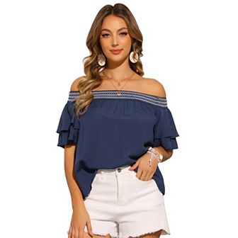 Women's Off the Shoulder Tops Ruffles Sleeves Smocked Summer Beach Boho Casual Top