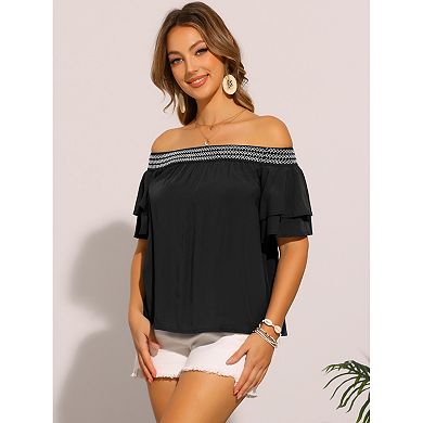 Women's Off the Shoulder Tops Ruffles Sleeves Smocked Summer Beach Boho Casual Top