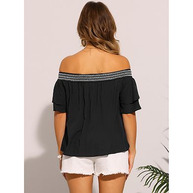 Women's Off the Shoulder Tops Ruffles Sleeves Smocked Summer Beach Boho Casual Top