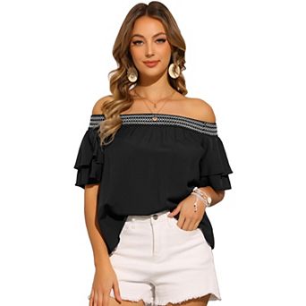 Women's Off the Shoulder Tops Ruffles Sleeves Smocked Summer Beach Boho Casual Top