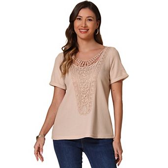 Women's Casual Round Neck Rolled Short Sleeve Hollow Out Summer Top t Shirt