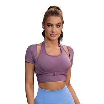 Women's Halter Neck Short Sleeve Workout Crop Tops Front Closure Slim Fit Fitness t Shirt Top