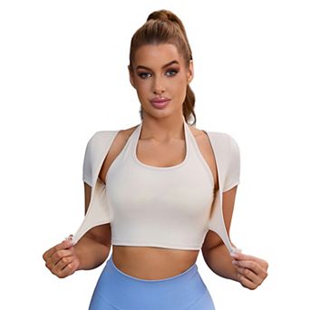 Women's Halter Neck Short Sleeve Workout Crop Tops Front Closure Slim Fit Fitness t Shirt Top